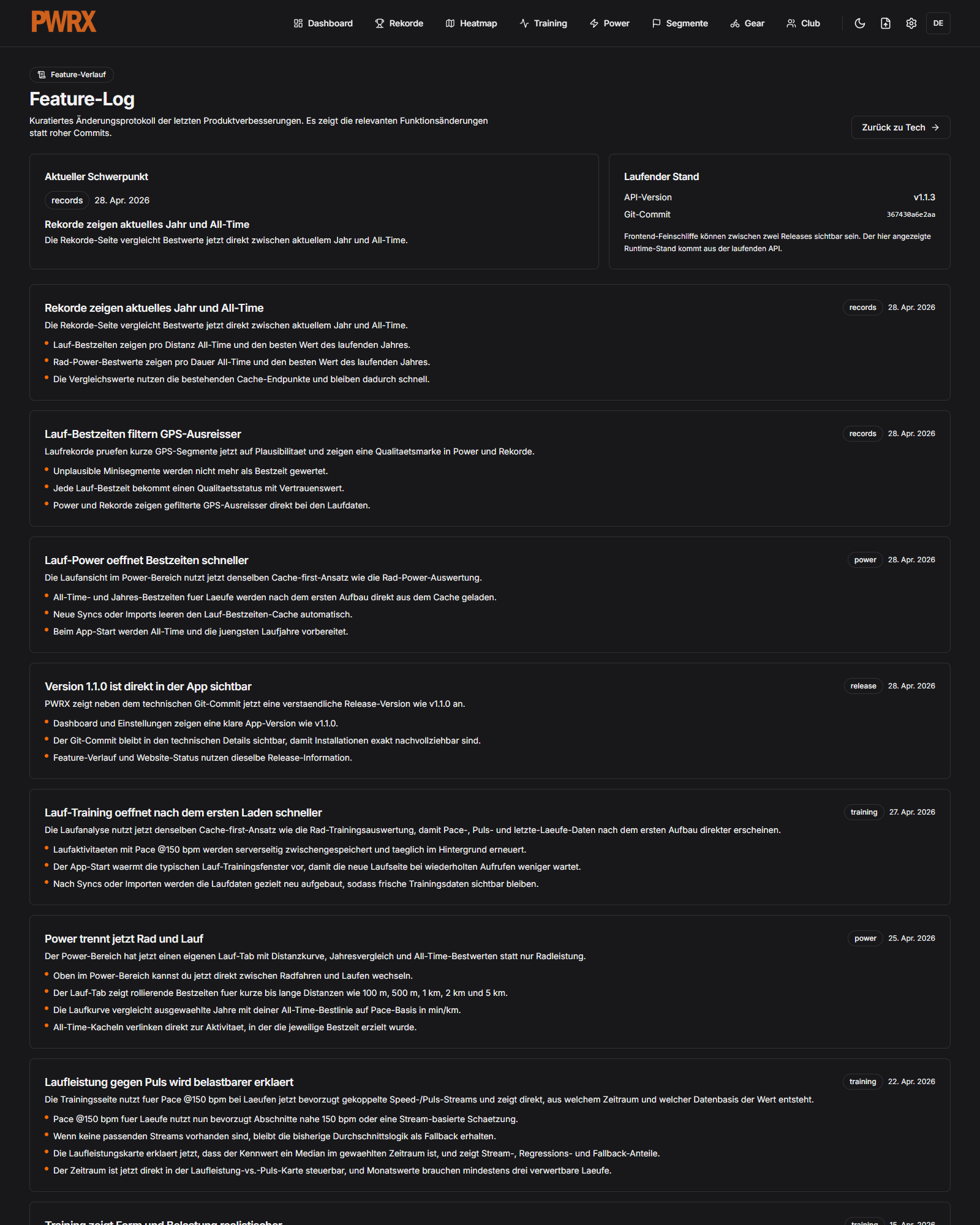 Feature-Verlauf mit nutzerrelevanten Updates